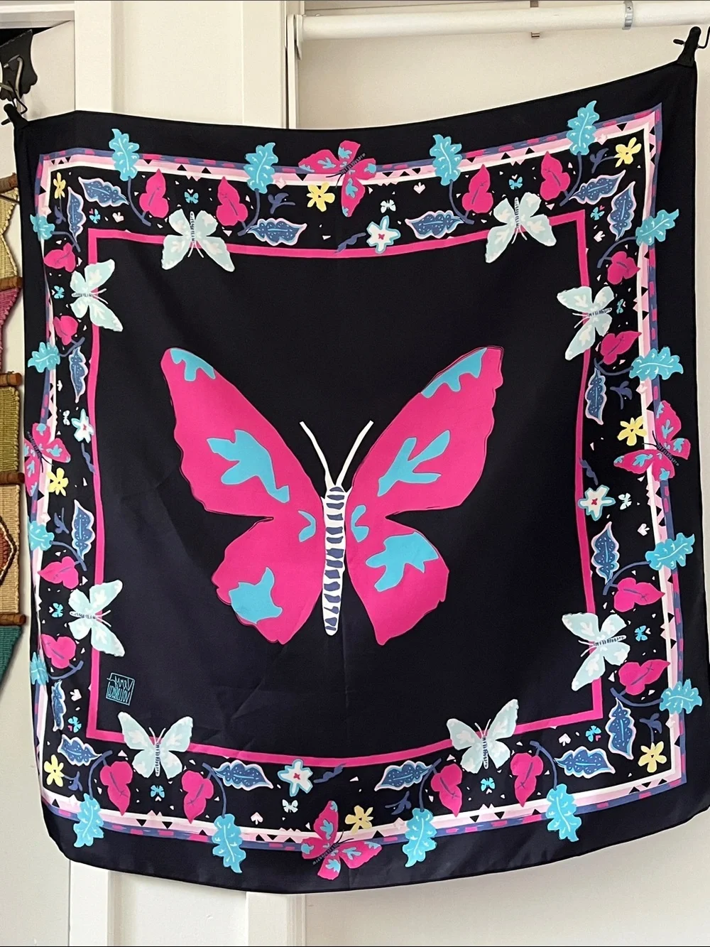 Very Vollbrach Silk Scarf Large Butterfly Floral Black Pink Blue Designer  Scarf